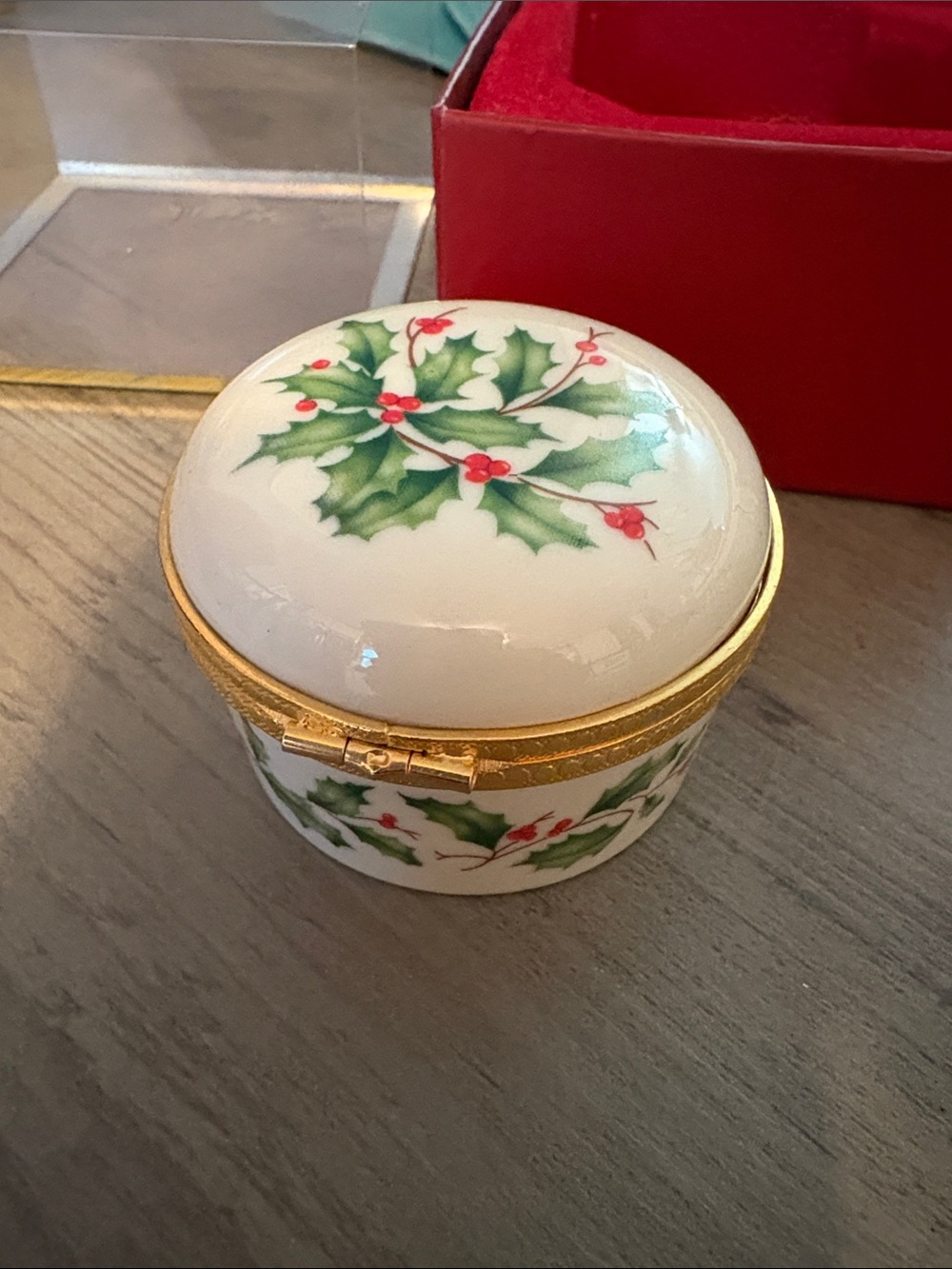 Lenox Porcelain Holly Trinket Box - White, Green, Red, Gold